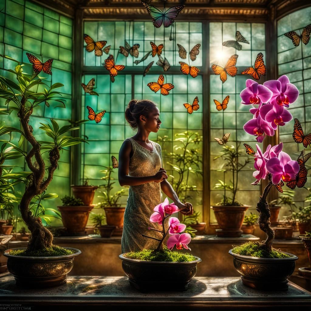 Shimmering Greenhouse Scene with Woman Planting Orchids