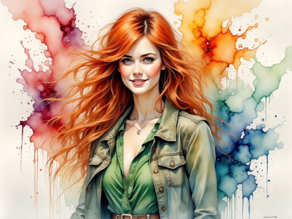 Whimsical Red-Haired Woman in Vibrant Artistic Surroundings