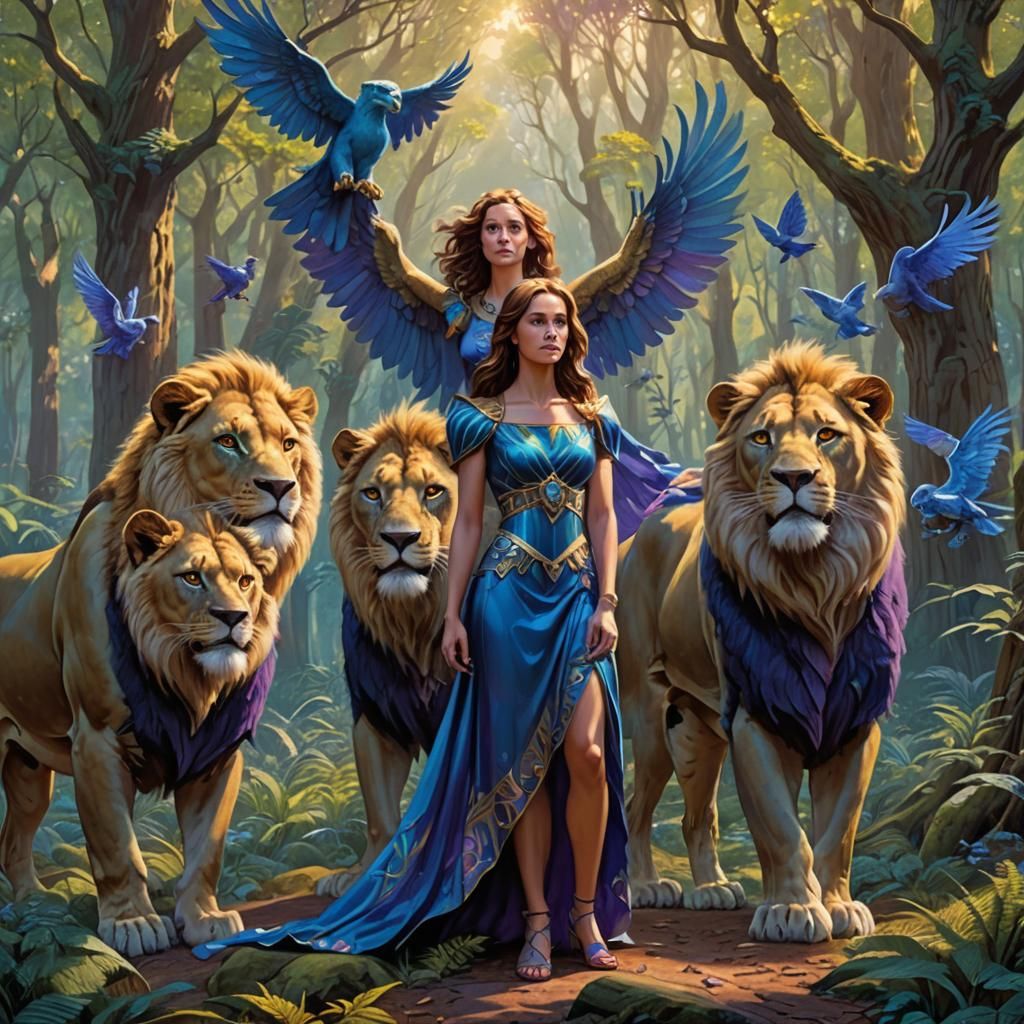 Fantasy Woman with Lions in Forest, Anne Stokes Style