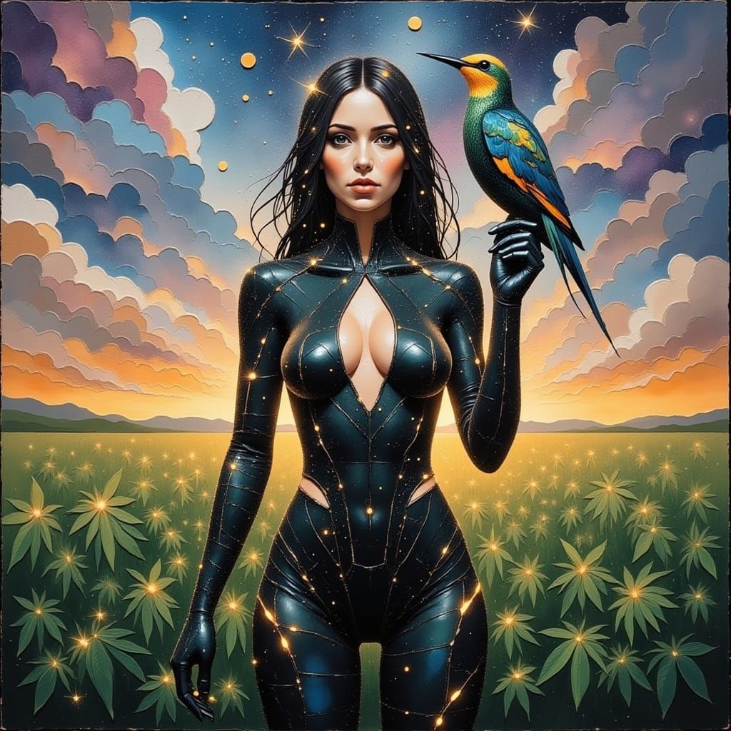 Rockstar Queen in Cannabis Field: Hyperrealistic Portrait