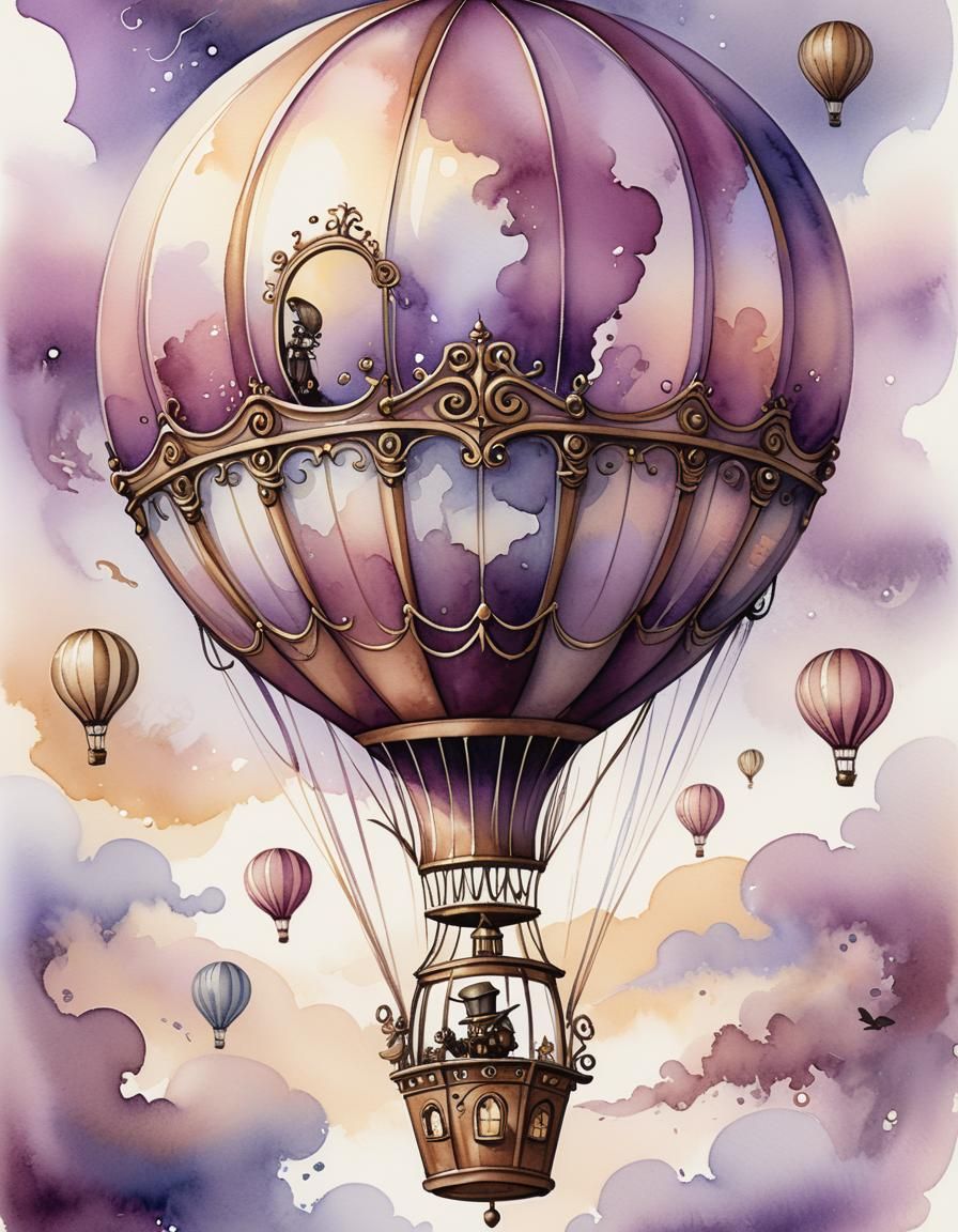 Whimsical Creature in Brandy Balloon, Watercolor Illustratio...