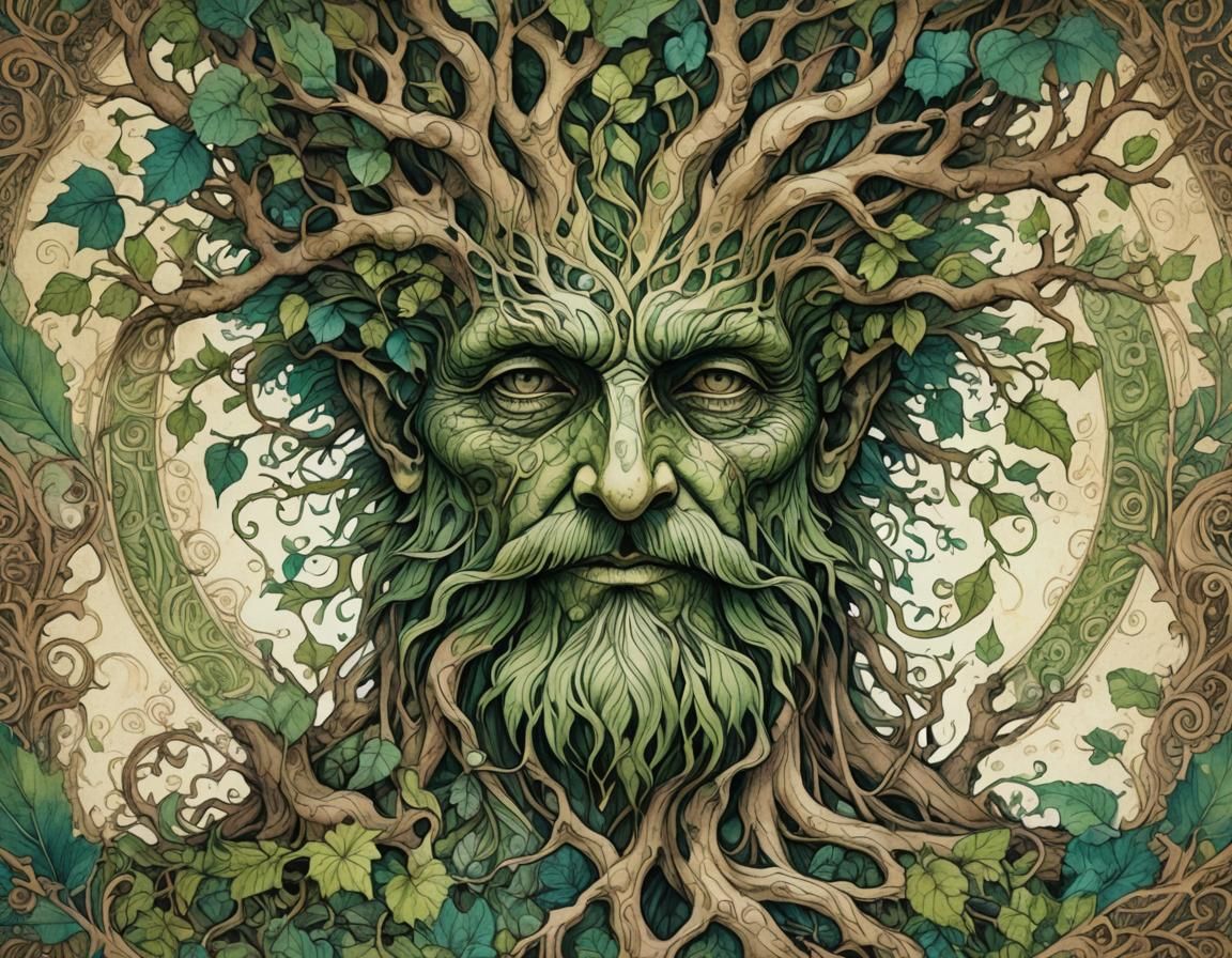 Intricate Ink Drawing of a Gnarled Treant