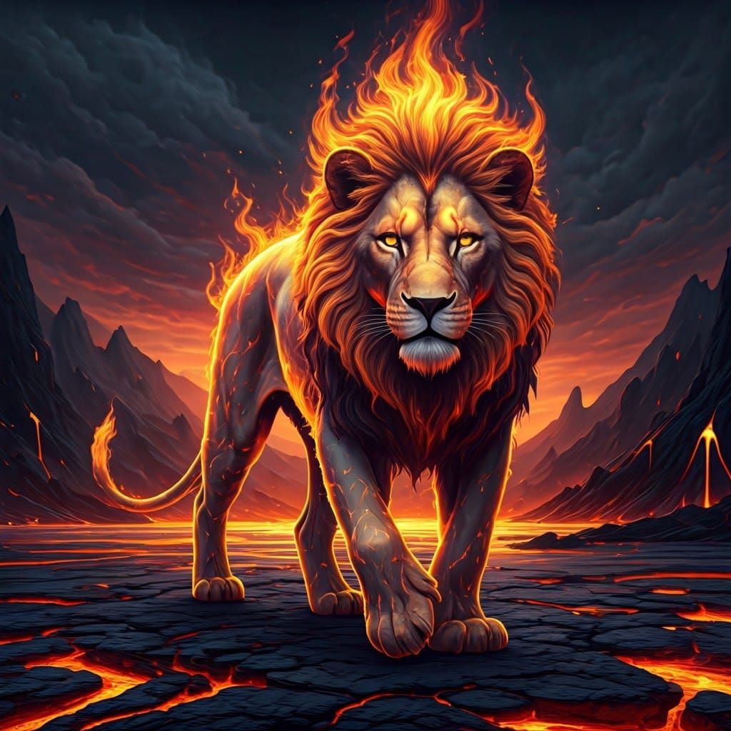 Ethereal Fire Lion on Lava Terrain