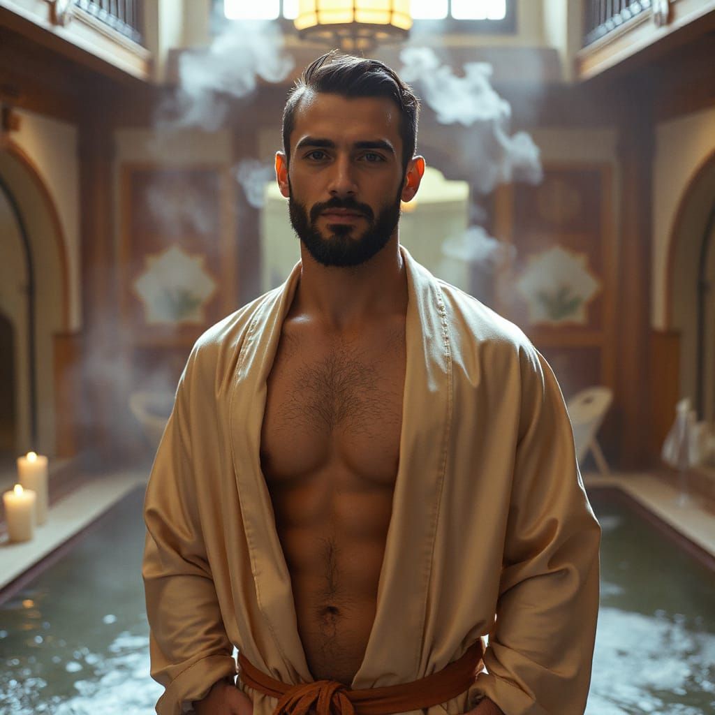 Arab Man Posing in Luxurious Moroccan Bathhouse