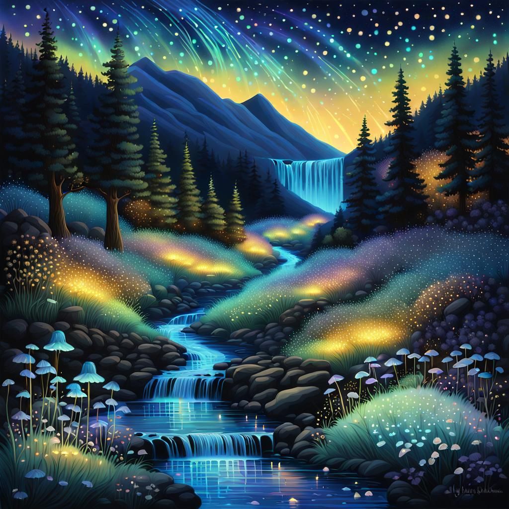 Iridescent Firefly Landscape with Glowing Waterfalls