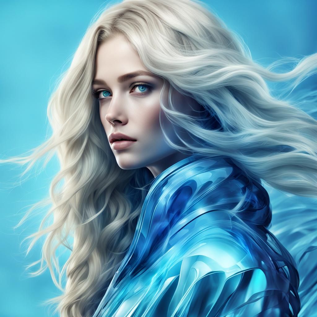 Futuristic Blonde Woman on Abstract Blue Background