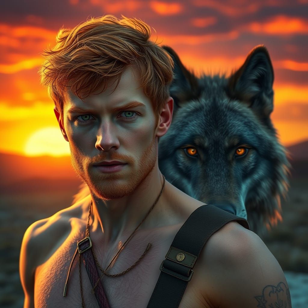 Intense Ginger Man and Wolf at Sunset