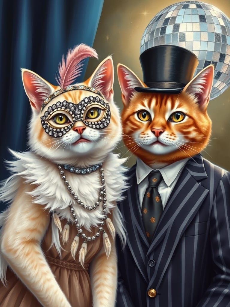 Cats' Roaring 20s Masquerade Ball as Oil Painting