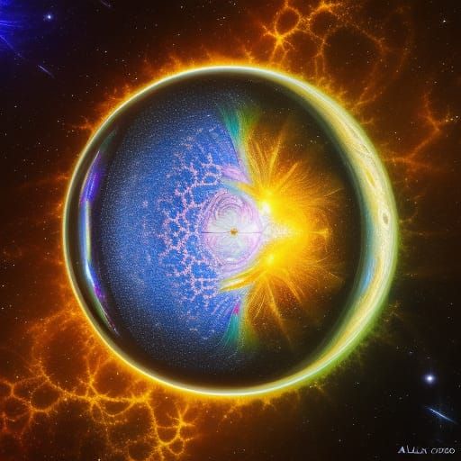 Cracked Glass Sphere with Fractal Cracks and Galaxy