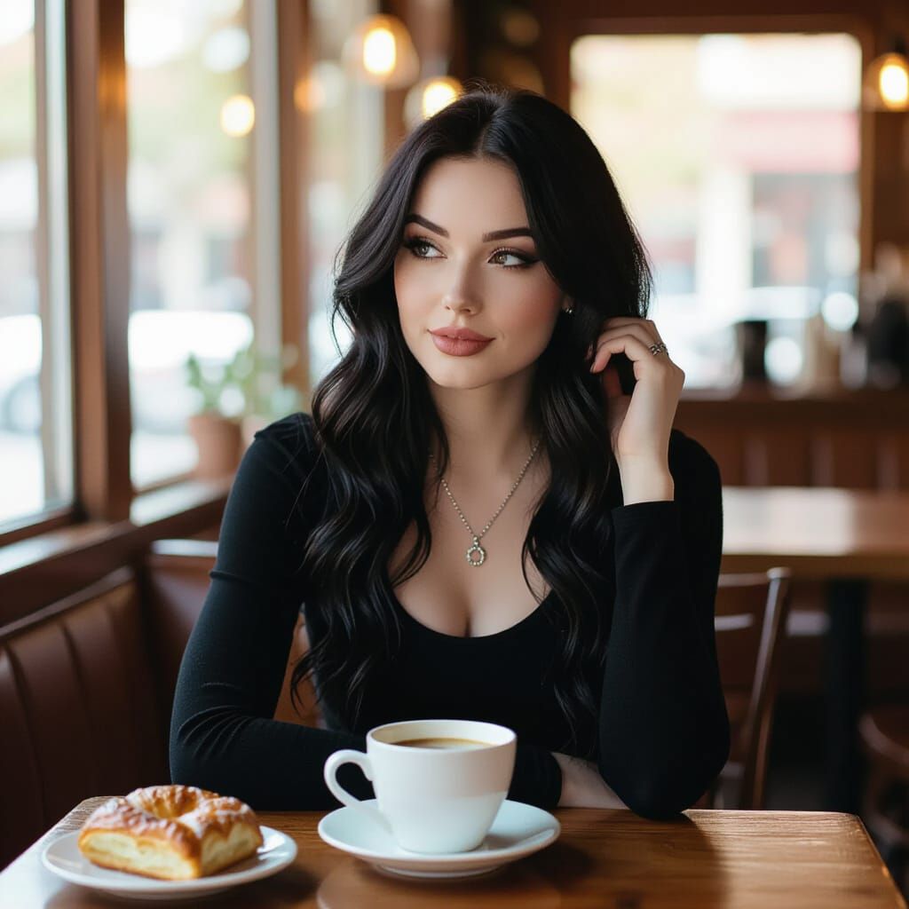 Gothic Woman in Cozy Cafe: Photorealistic Image