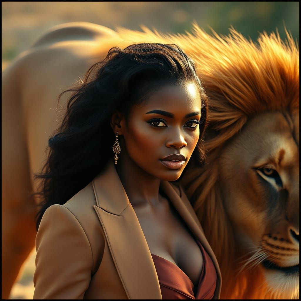 Elegant Woman with Lion in Cinematic Style