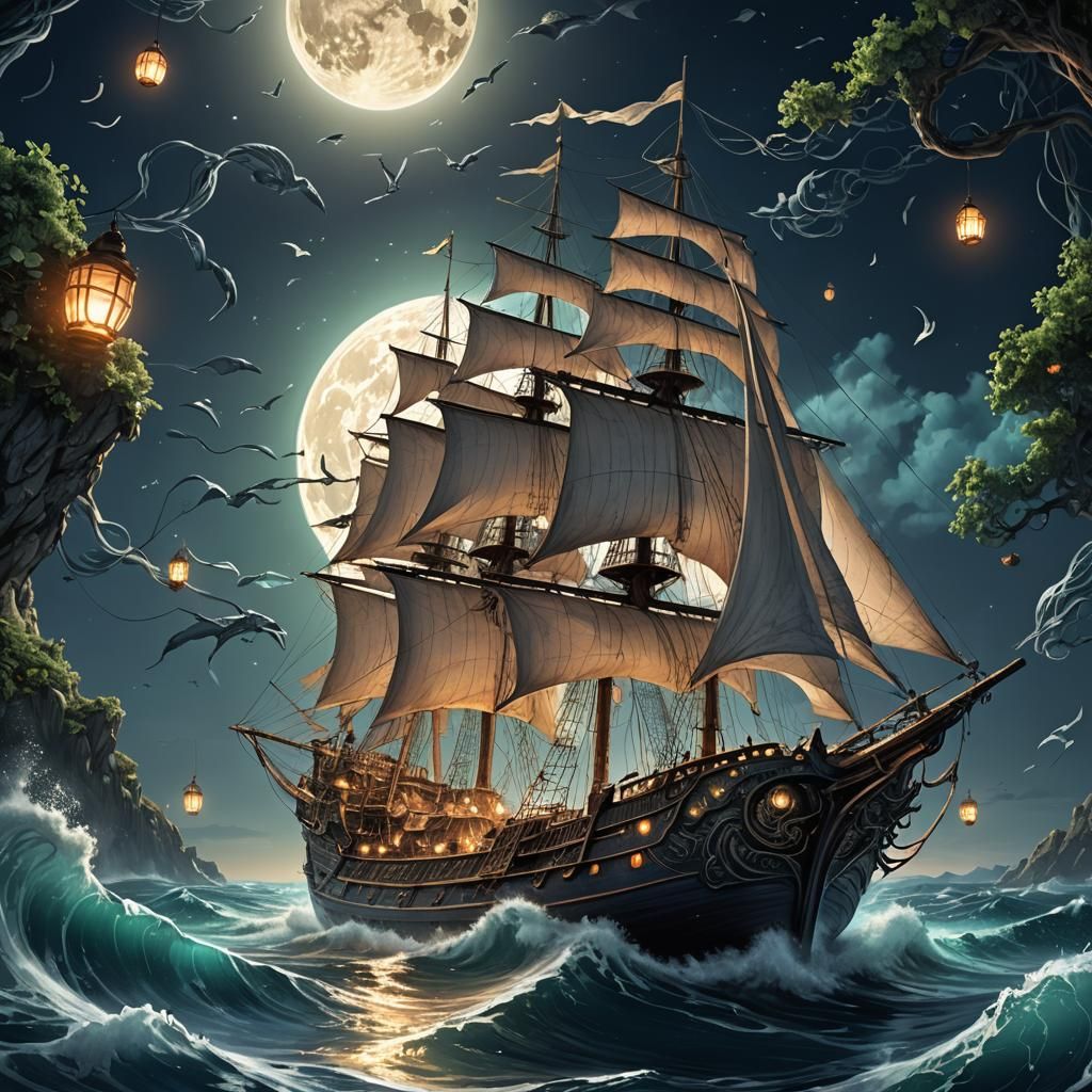 Intricate Bioluminescent Sailboat in Fantasy Ocean