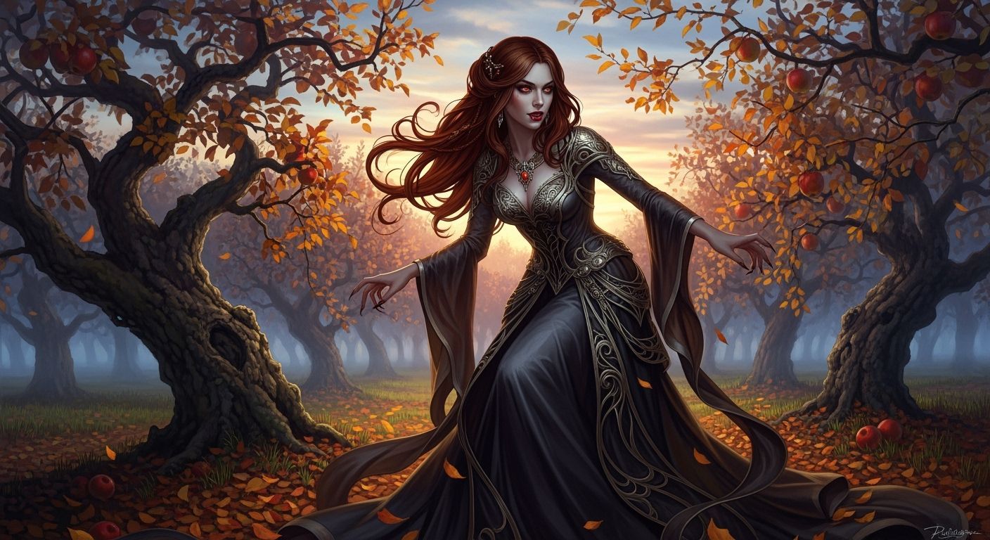 Auburn-Haired Vampire Lady in Autumn Orchard, Splash Art