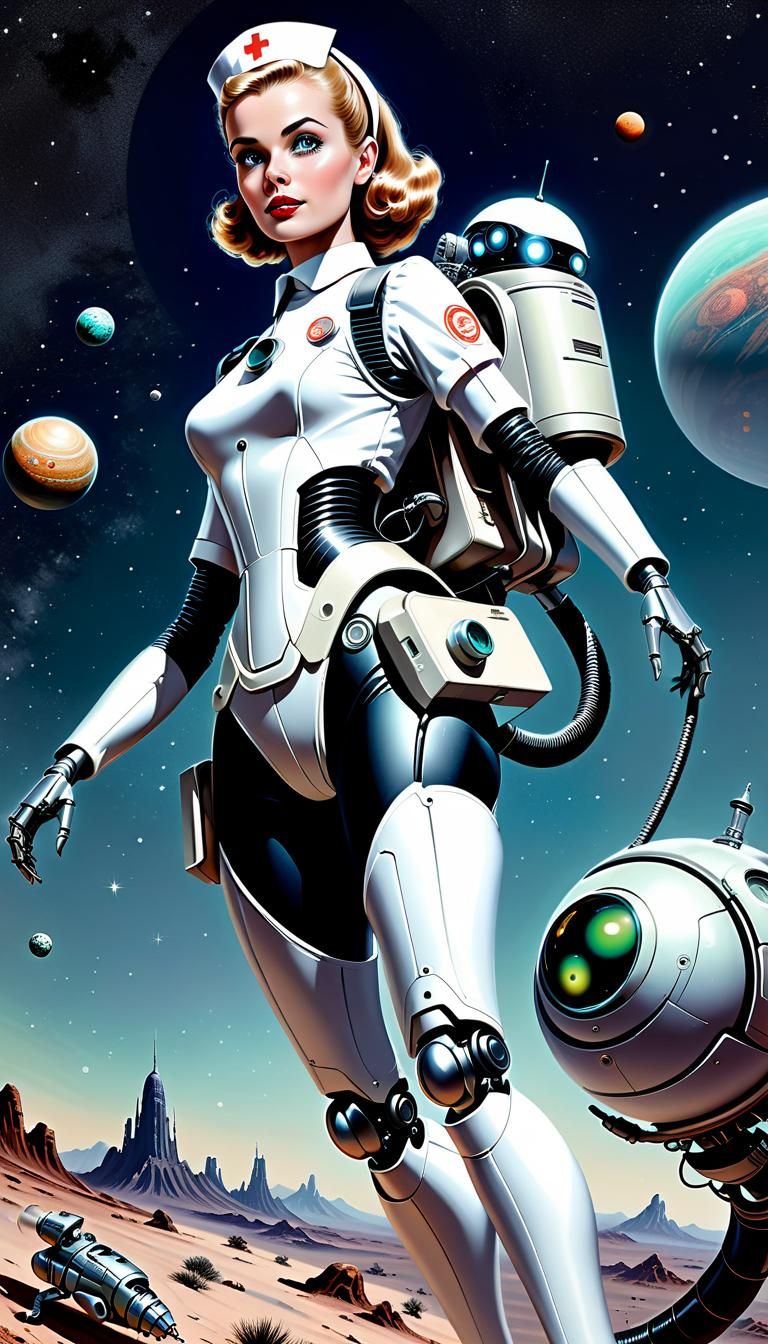 Retro Sci-Fi Nurse with Robotic Eye