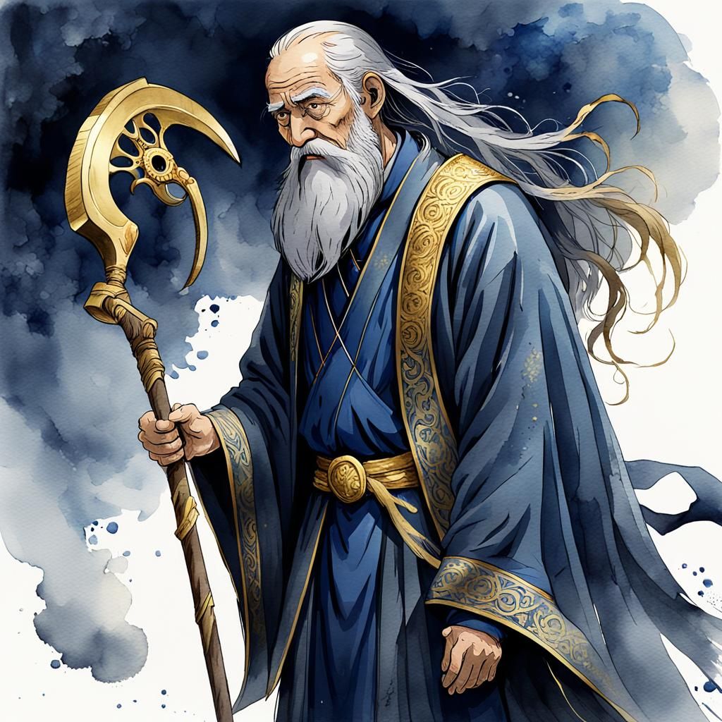 Father Time Depressed in Watercolor Digital Illustration