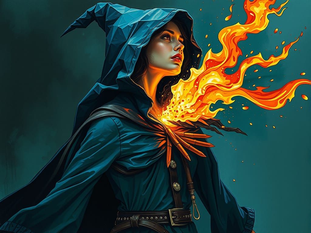 Magical Flame Emerges from Witch in Cyberpunk Oil Painting