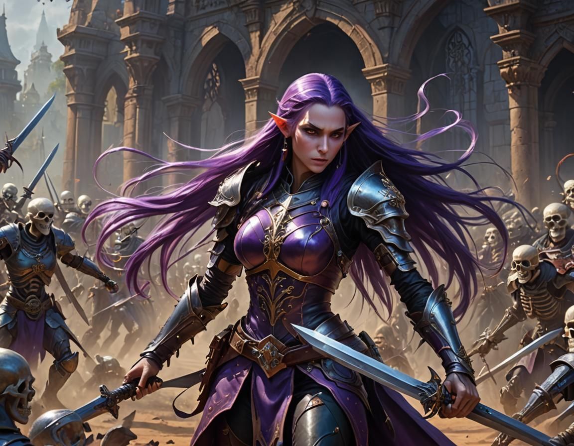 Purple Elf Fighting back a Skeleton Hoarde