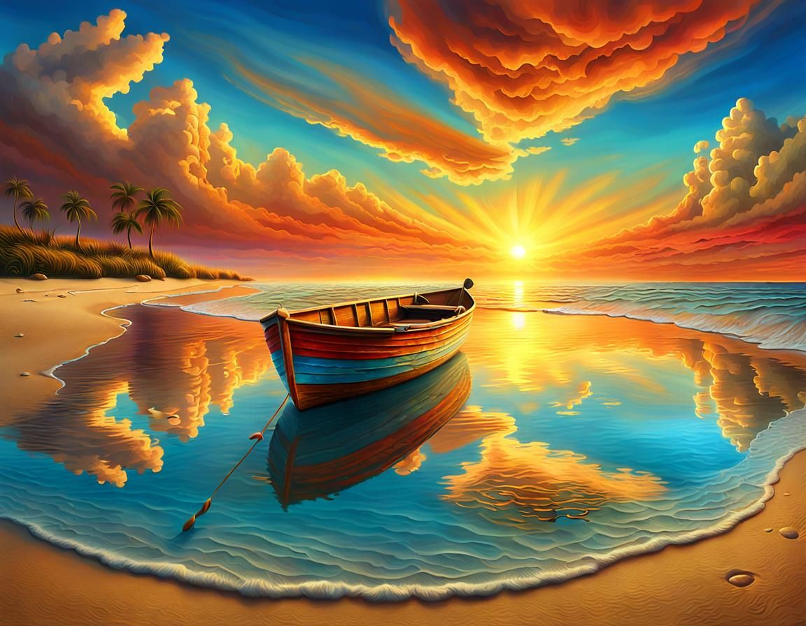 Golden Hour Beach Scene with Boat in Surrealist Style