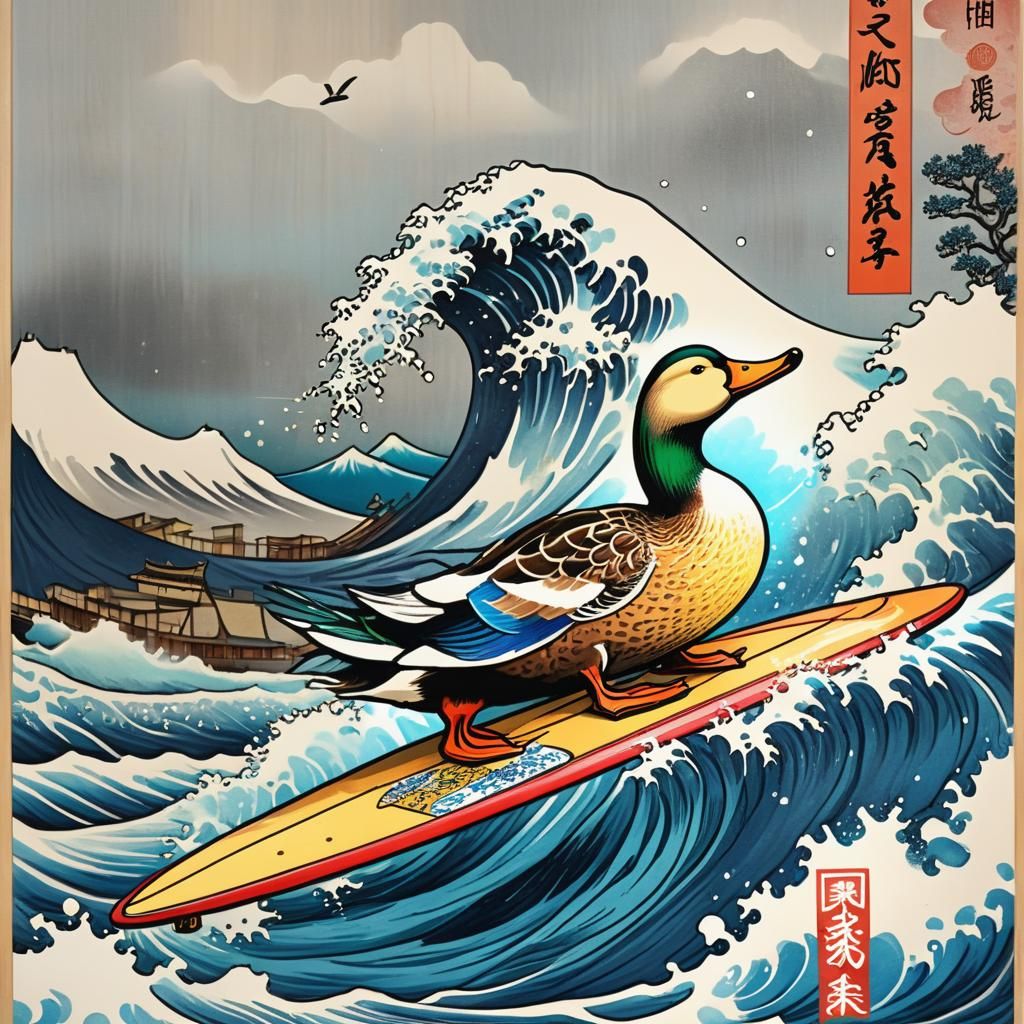 Duck Rides Great Wave: Ukiyo-e Woodblock Art