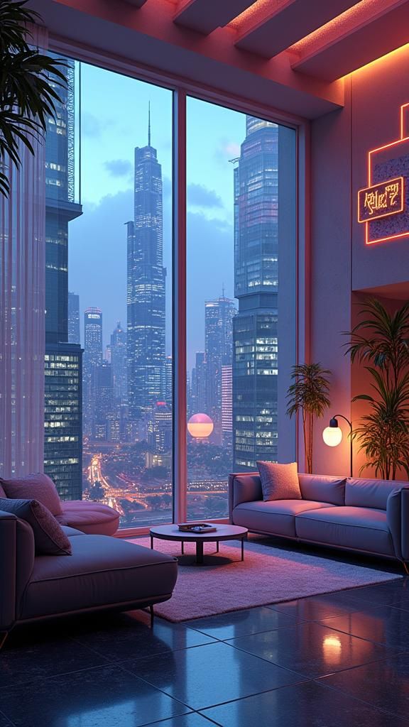 Futuristic Smart Home in Cyberpunk Cityscape at Dusk
