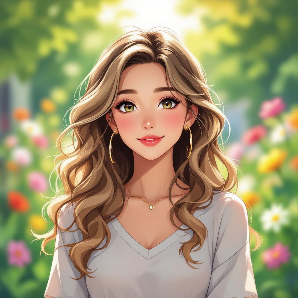 Radiant Woman in Colorful Garden, Anime Style