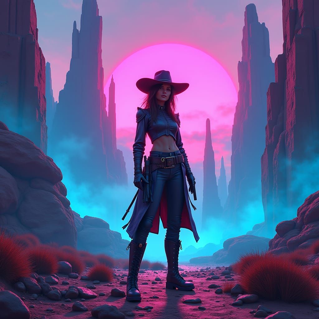 Cyberpunk Cowgirl Rides into Neon Sunset