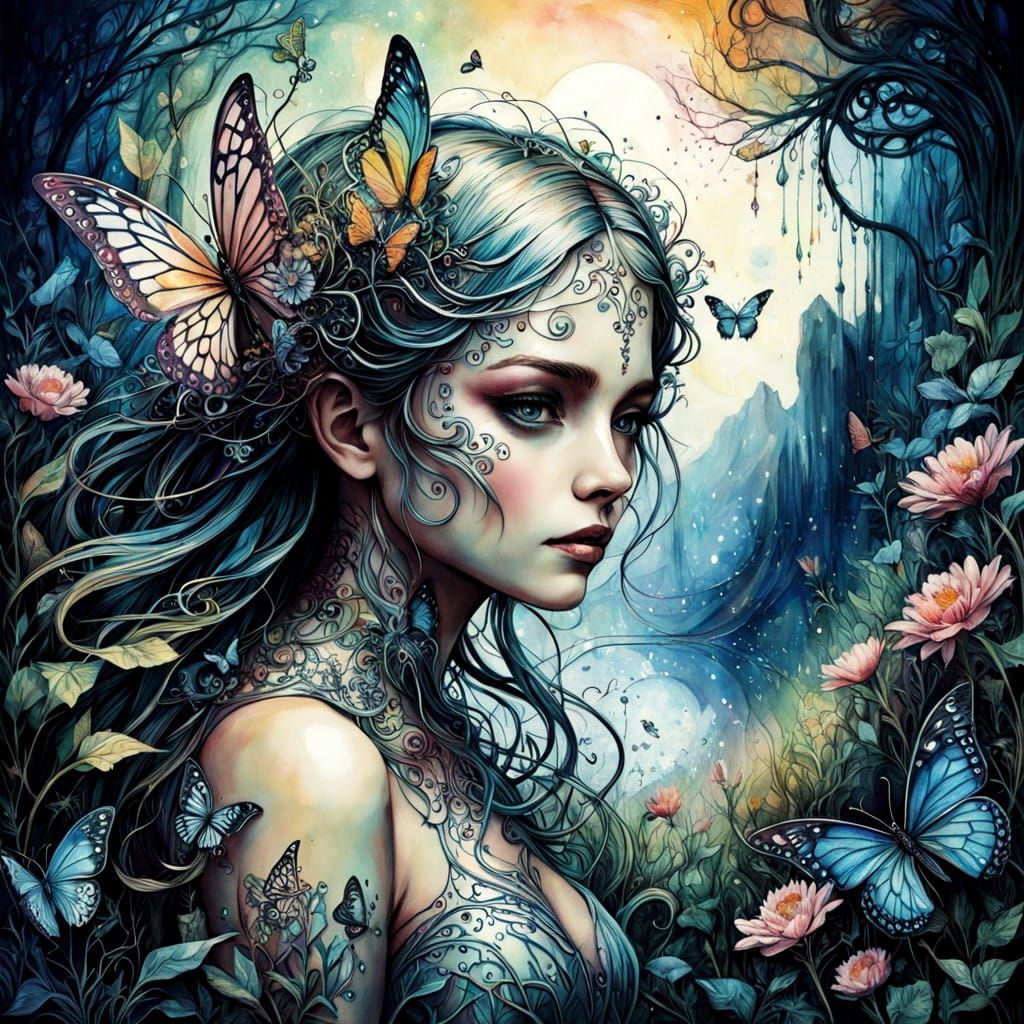 Magical Watercolor Fantasy Landscape with Wildflowers and Bu...