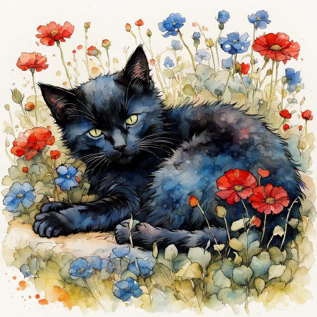 cute black kitten  in the garden