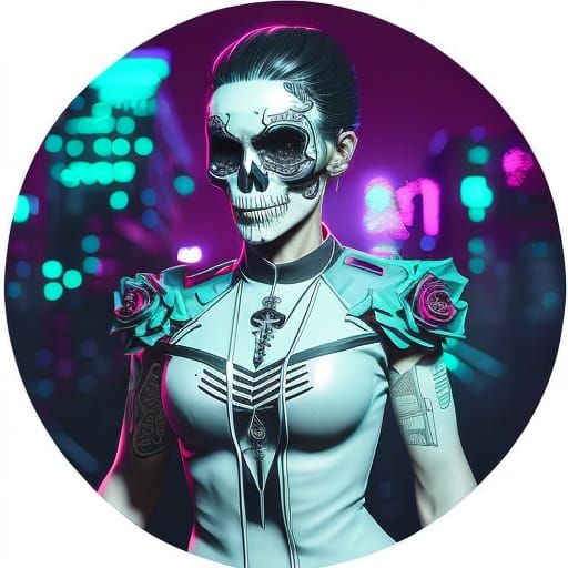 Cyberpunk Skull Woman with Roses in Fractal Art