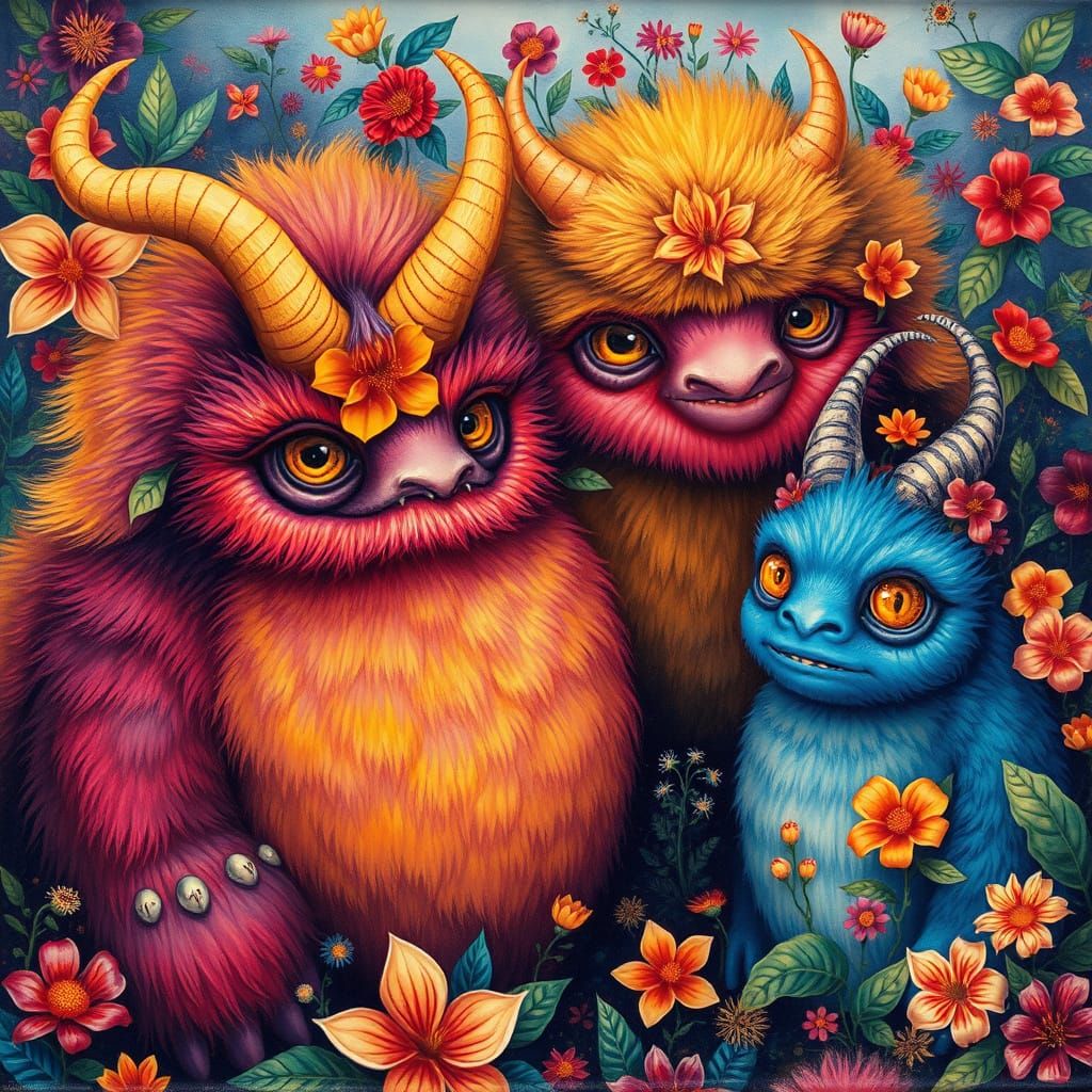 Whimsical Monstrous Dreamscapes in Vibrant Floral Tapestry