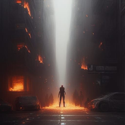 Robot Walks Burning City Street: Dark Fantasy Art