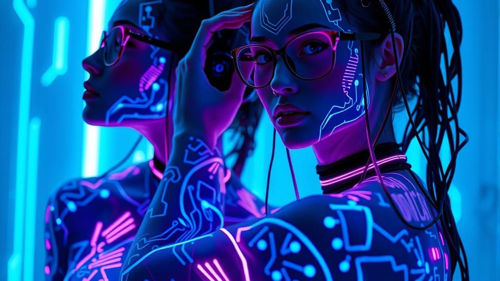 Cyberpunk Figures Pose against Electric Blue Background
