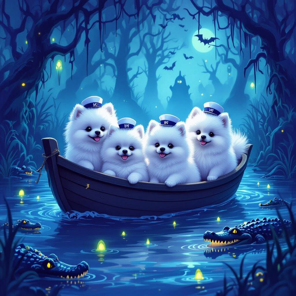 Pomeranians on Haunted Swamp Boat Ride in Eerie Glow