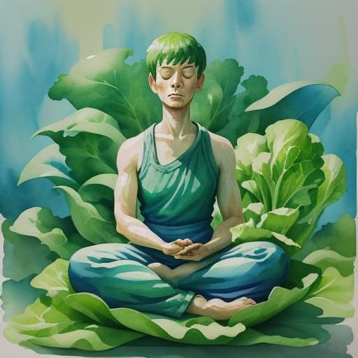 Meditating in Lettuce Patch: Gouache Watercolor Impressionis...