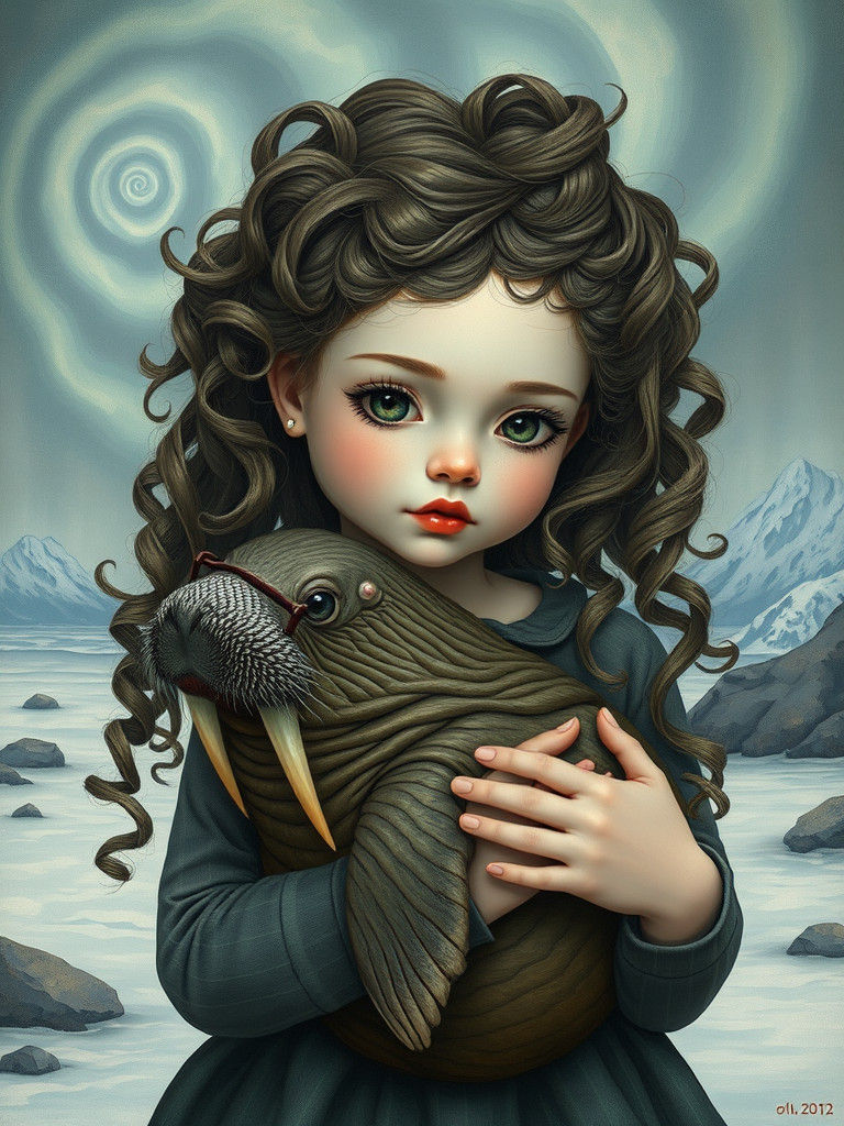 Girl with Walrus in Arctic Landscape, Pop Surrealism