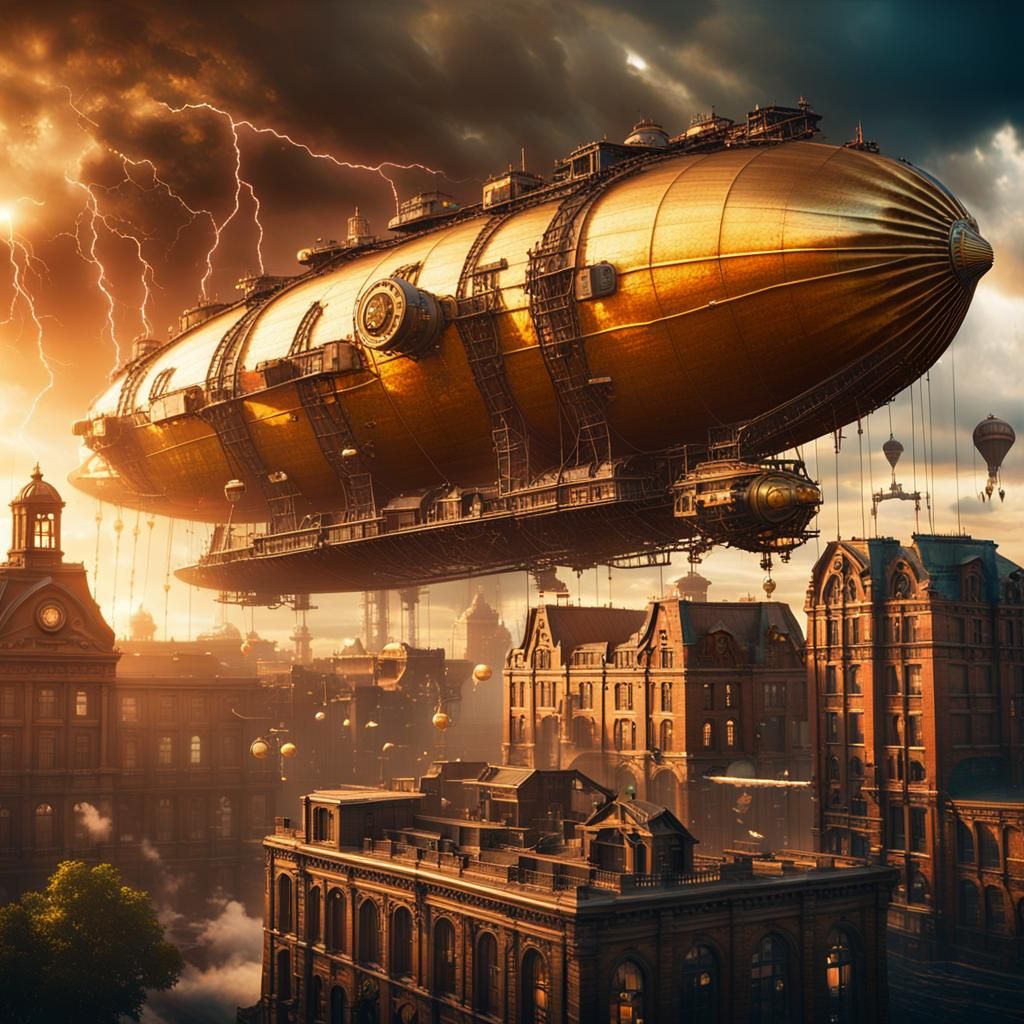 Steampunk Zeppelin Struck by Lightning, Cinematic Still