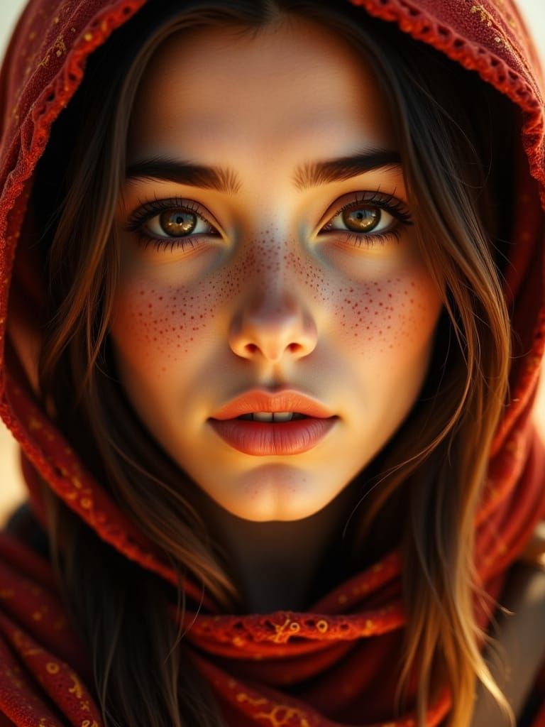 Portrait of Woman with Brown Eyes and Red Scarf