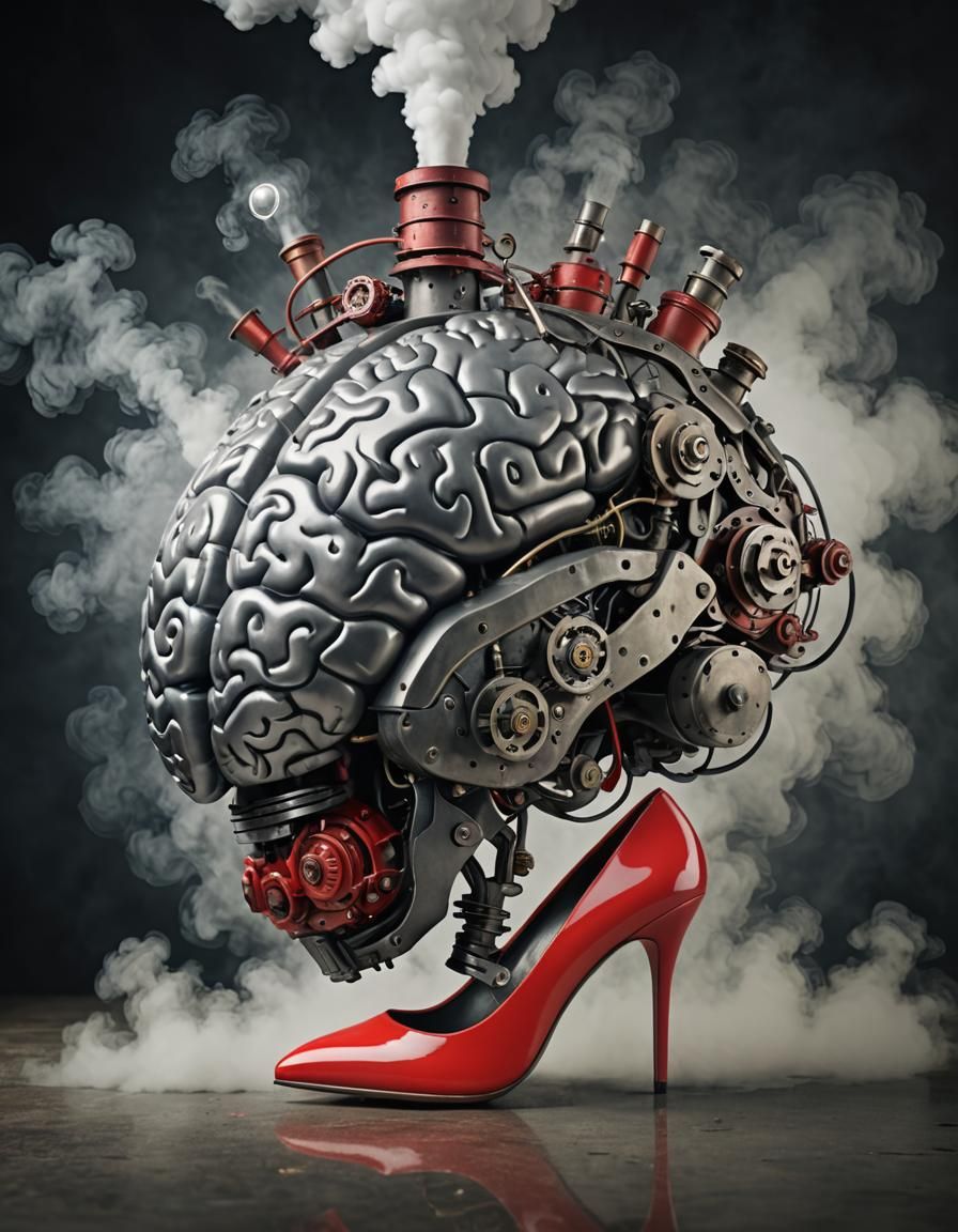 Steam-Powered Brain in Red Heels: Photorealistic Art