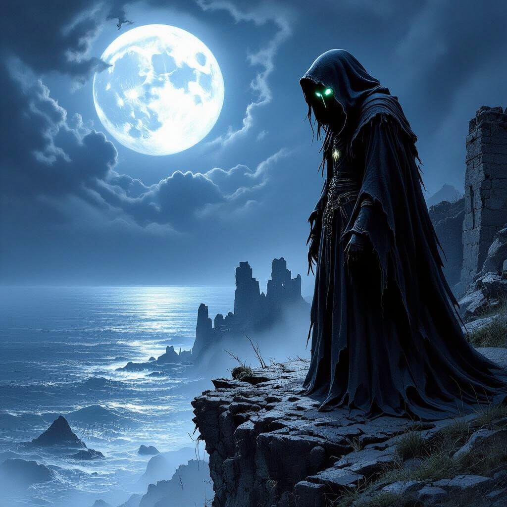 Ethereal Witch Overlooks Moonlit Sea at Night