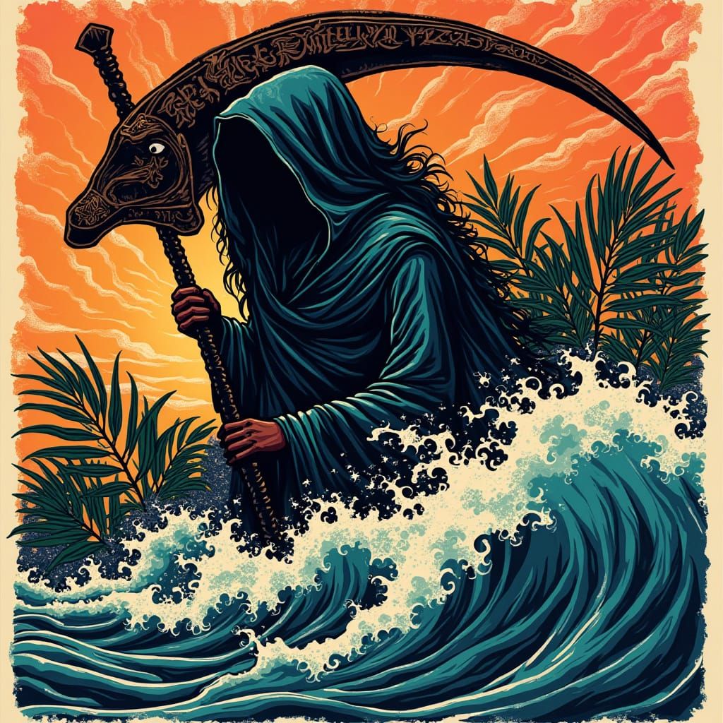 The Reaper in Tropical Whimsy, Linocut-Infused Art