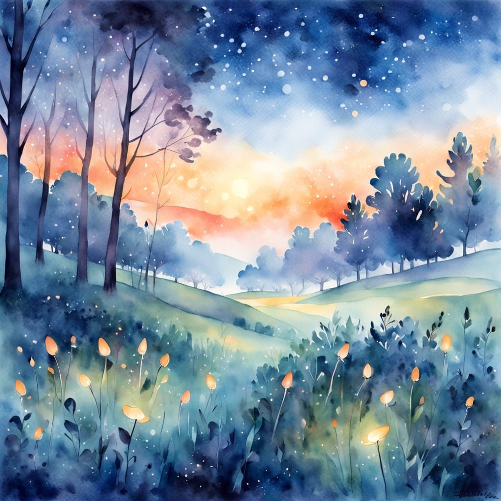 Summer Night Meadow With Fireflies in Watercolor