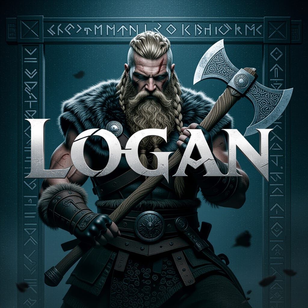 Epic Viking Warrior with 'LOGAN' Text in Realistic Style