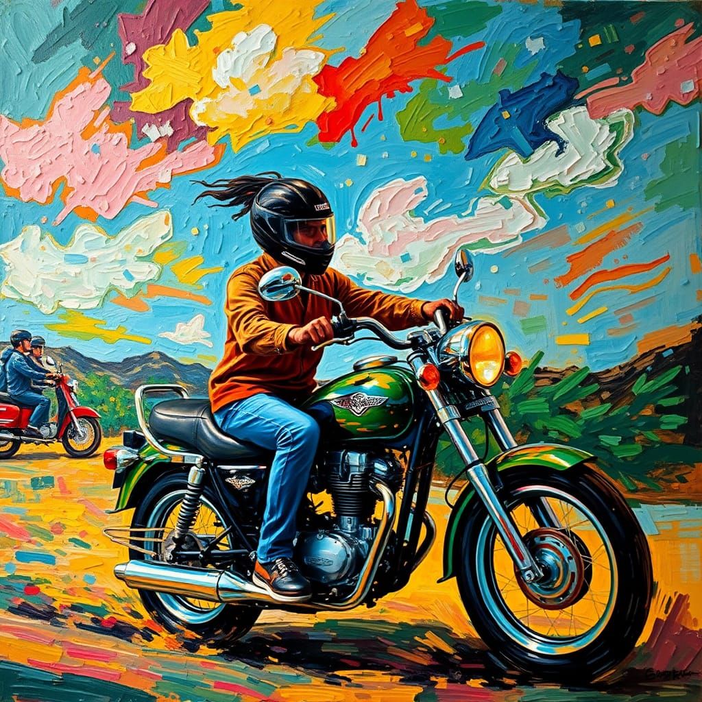 Motorcycle Rider in Impasto Expressionist Style