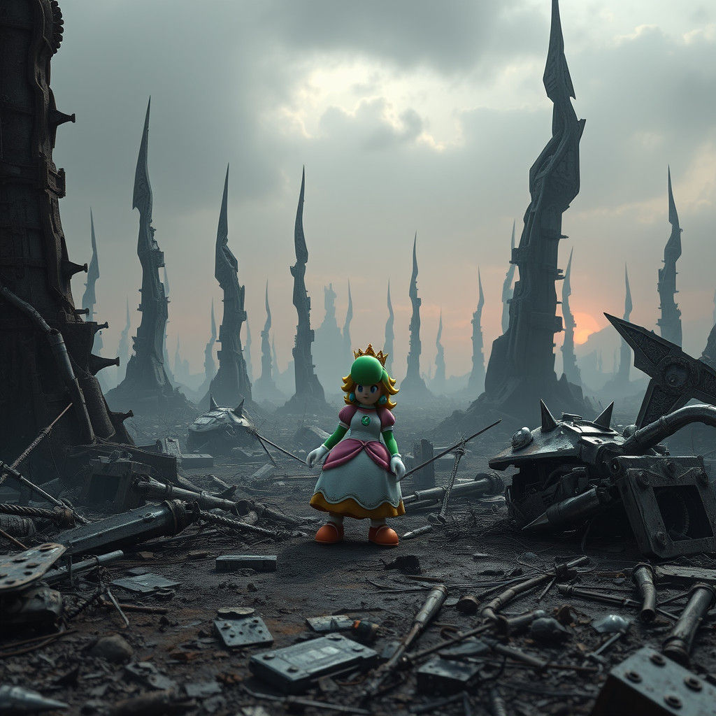 Dark Fantasy Princess Peach and Yoshi in Apocalypse