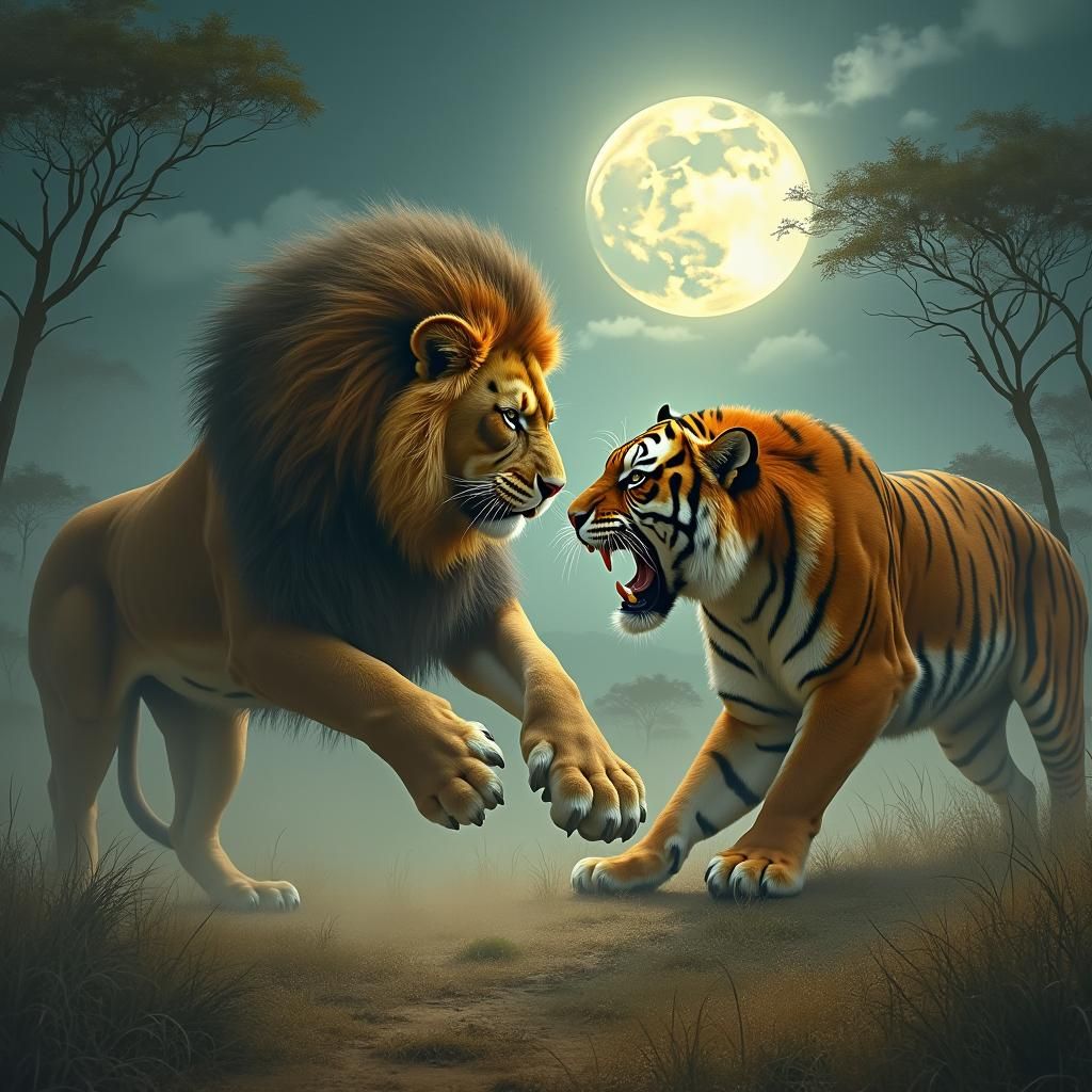 Lion and Tiger Battle in Dreamlike Landscape