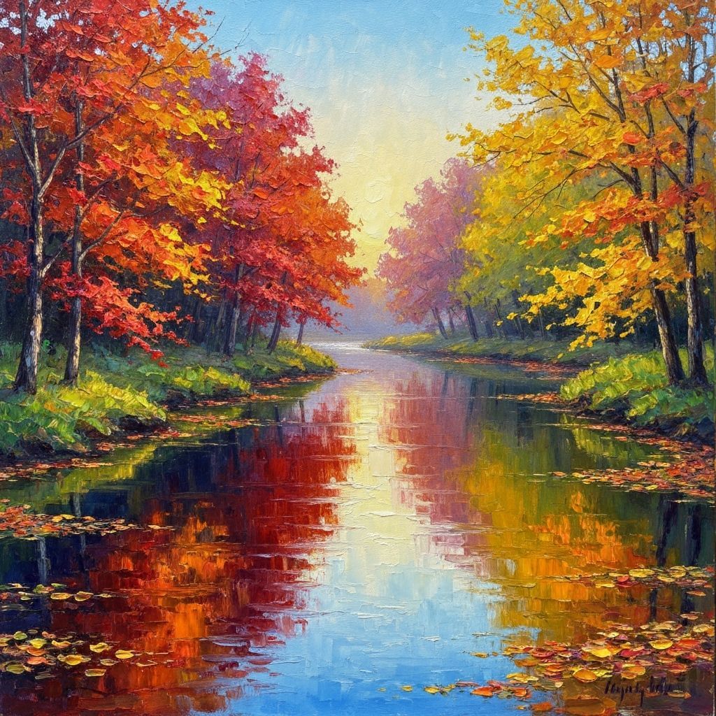 Autumn River Landscape in Impressionist Style