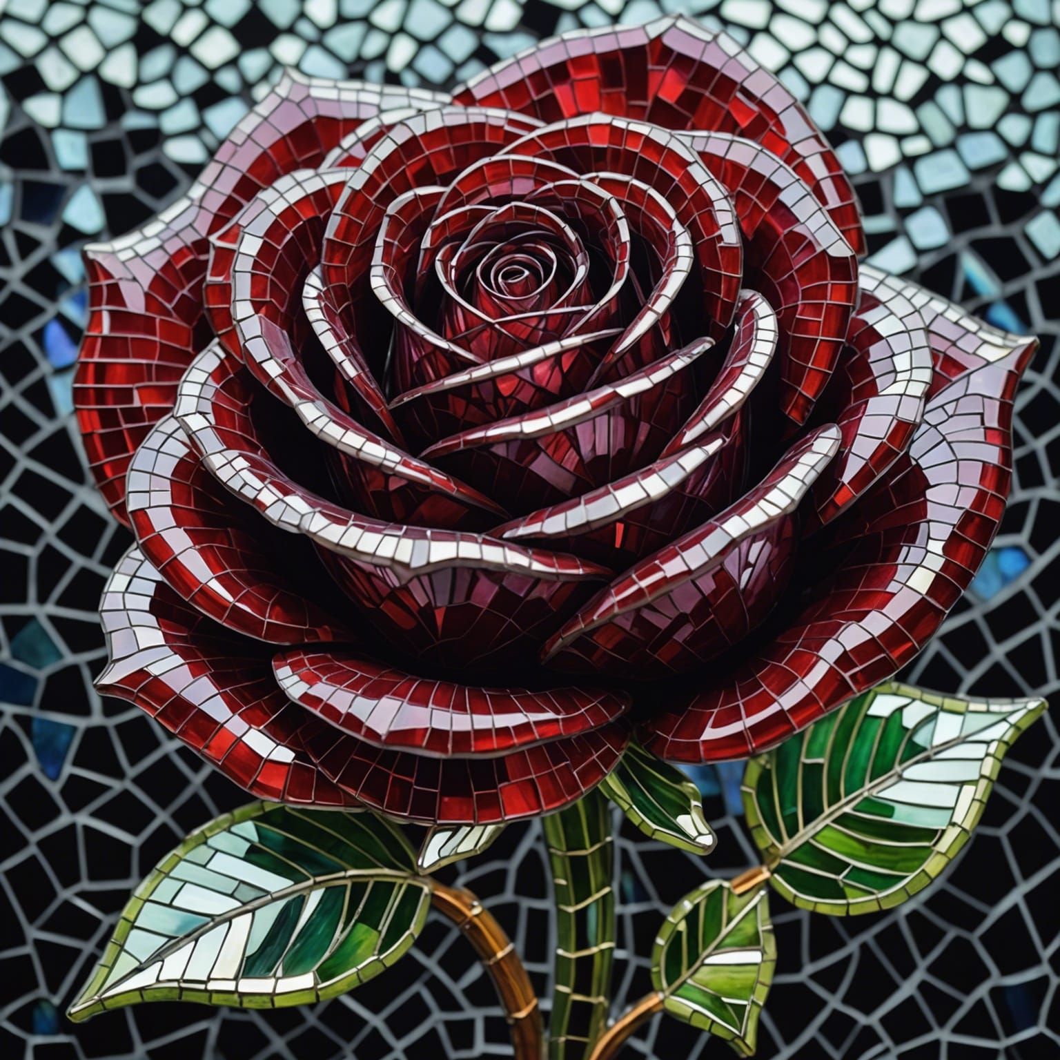 Glass Mosaic Burgundy Rose with Aurora Background