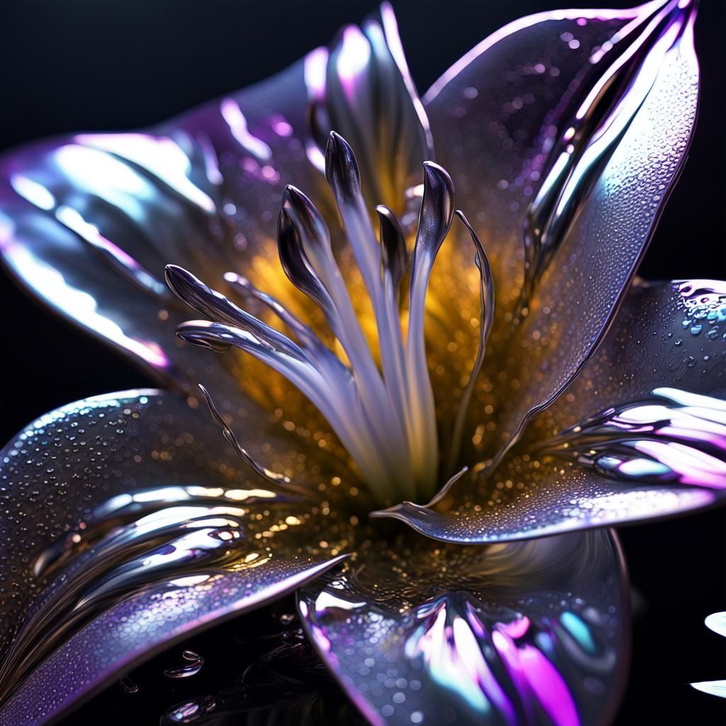 Liquid Mercury Lily with Iridescent Cracks in Chrome