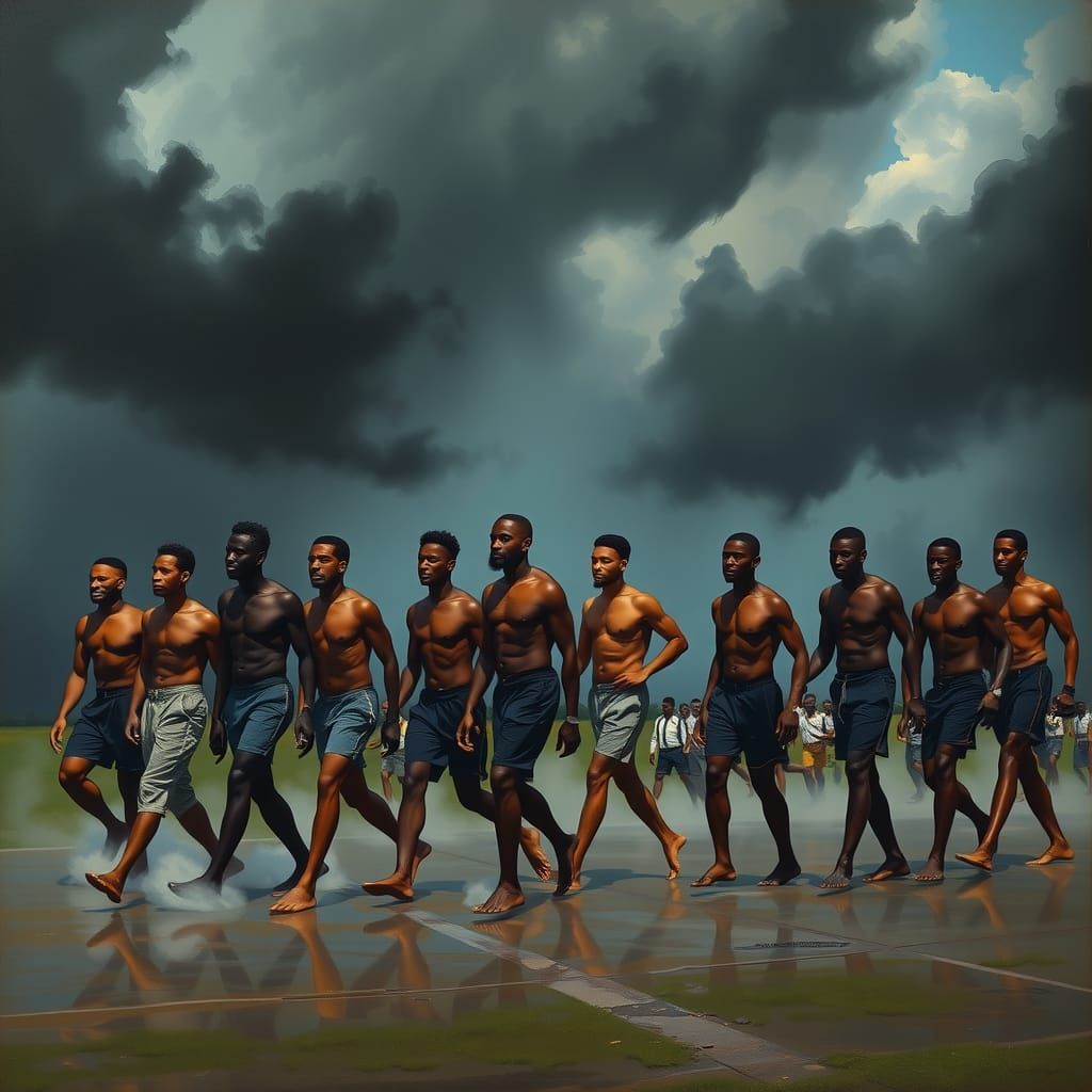 Black Men Walking Barefoot Under Ominous Rain Clouds