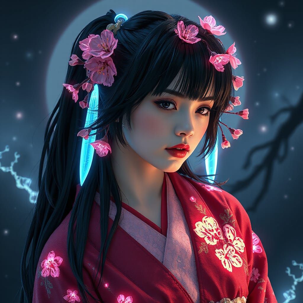 Cyberpunk Geisha with Fiber Optic Hair in Art Nouveau Style